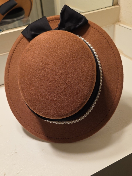 Accessories - Pearl-Trim Brown Felt Women's Hat with Black Bow